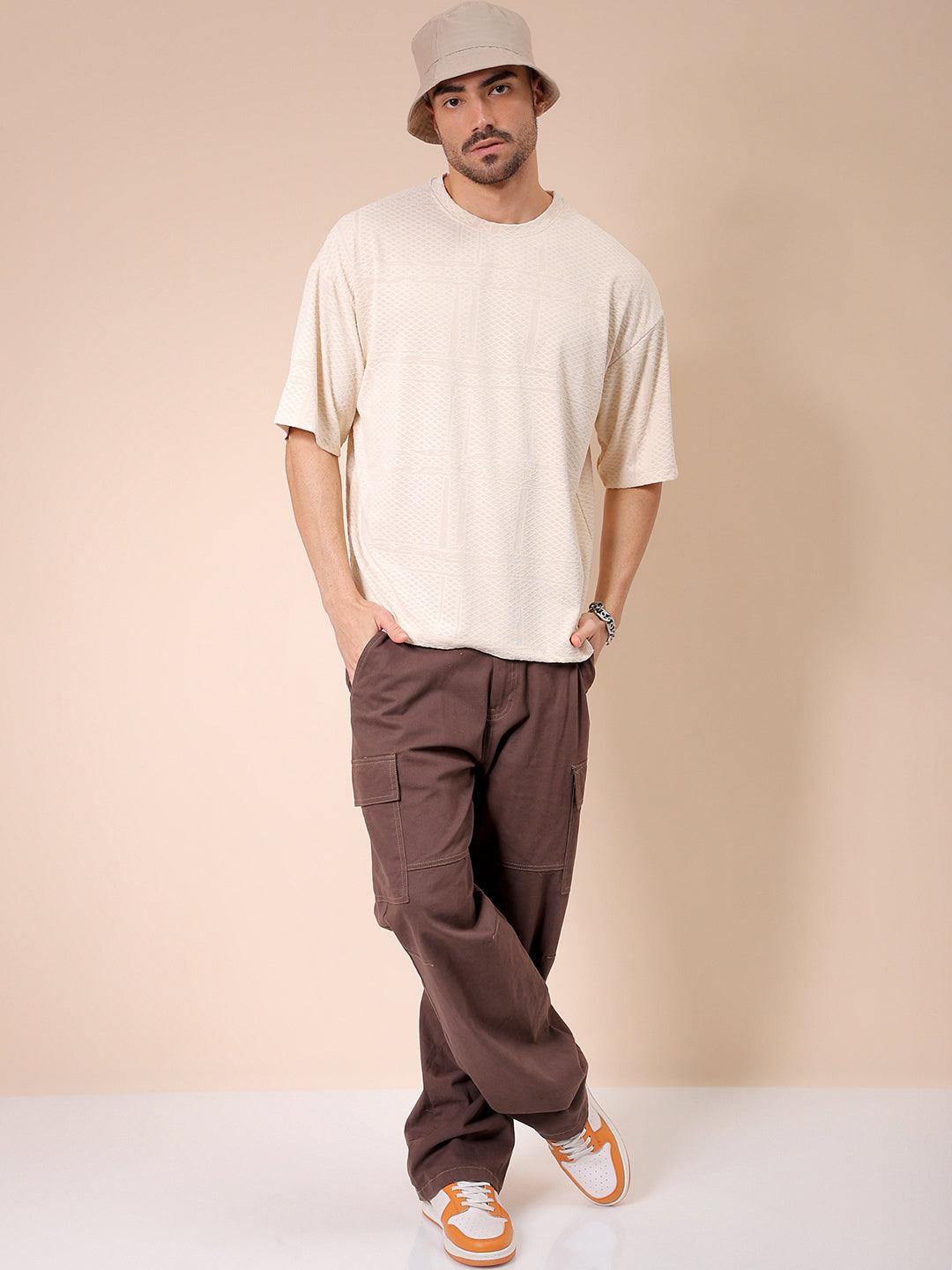 Men's Cream Oversized Self Design T-Shirt