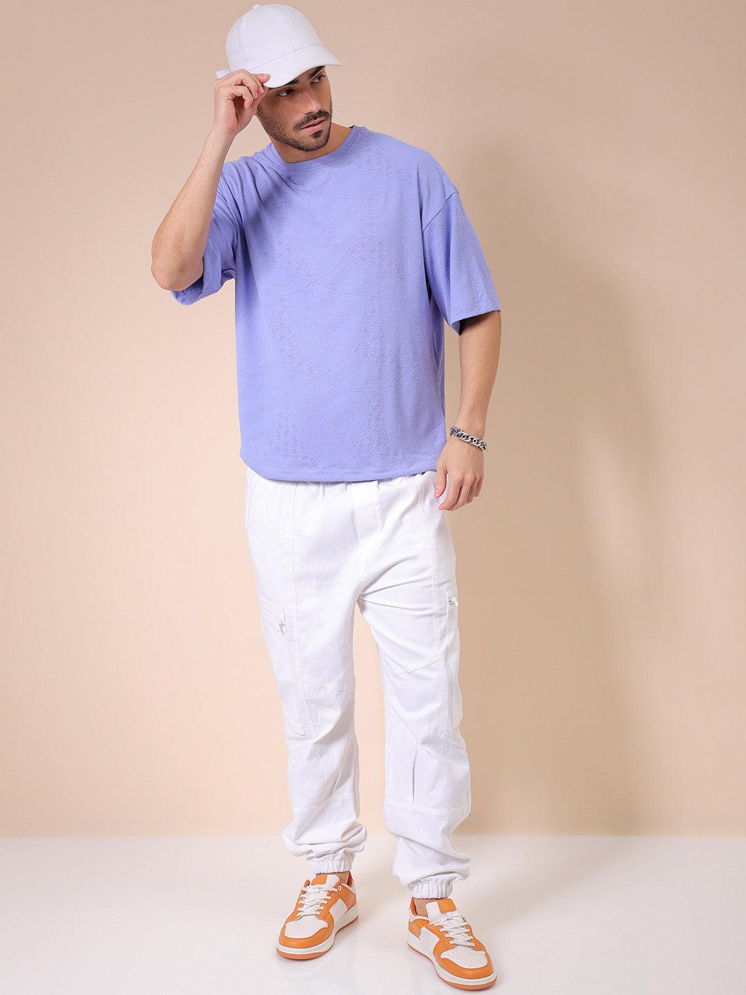 Men's Lavender Oversized Self Design T-Shirt