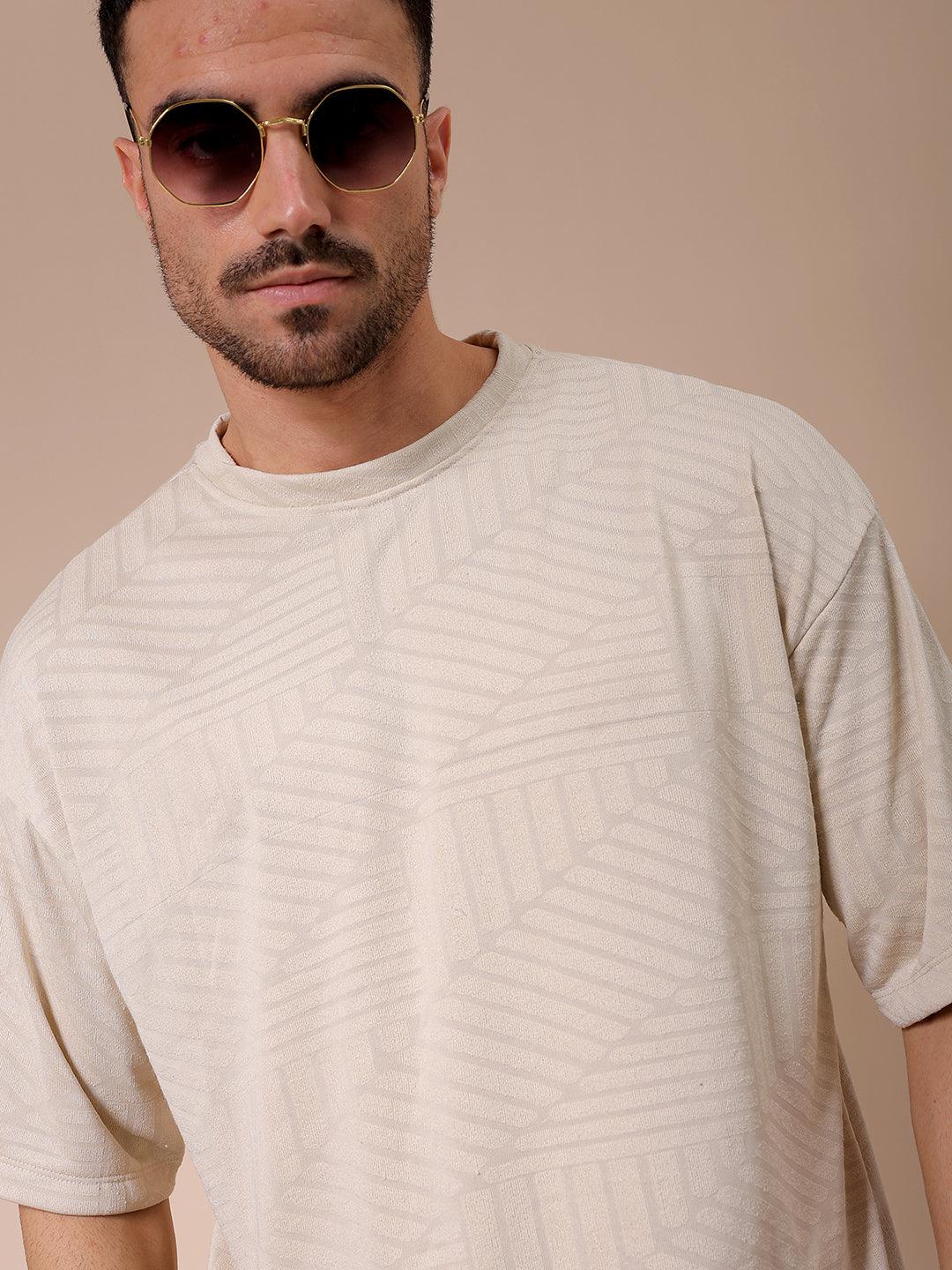 Men's Cream Oversized Self Design T-Shirt