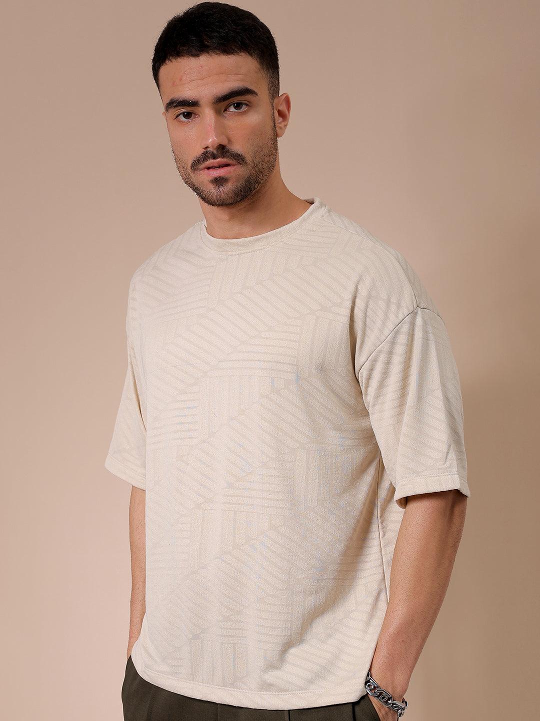 Men's Cream Oversized Self Design T-Shirt