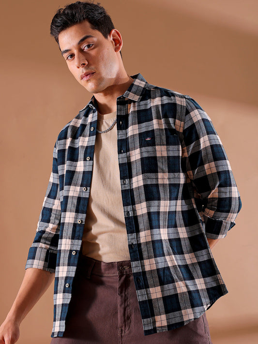 Men's Cream Slim Fit Checked Casual Shirt