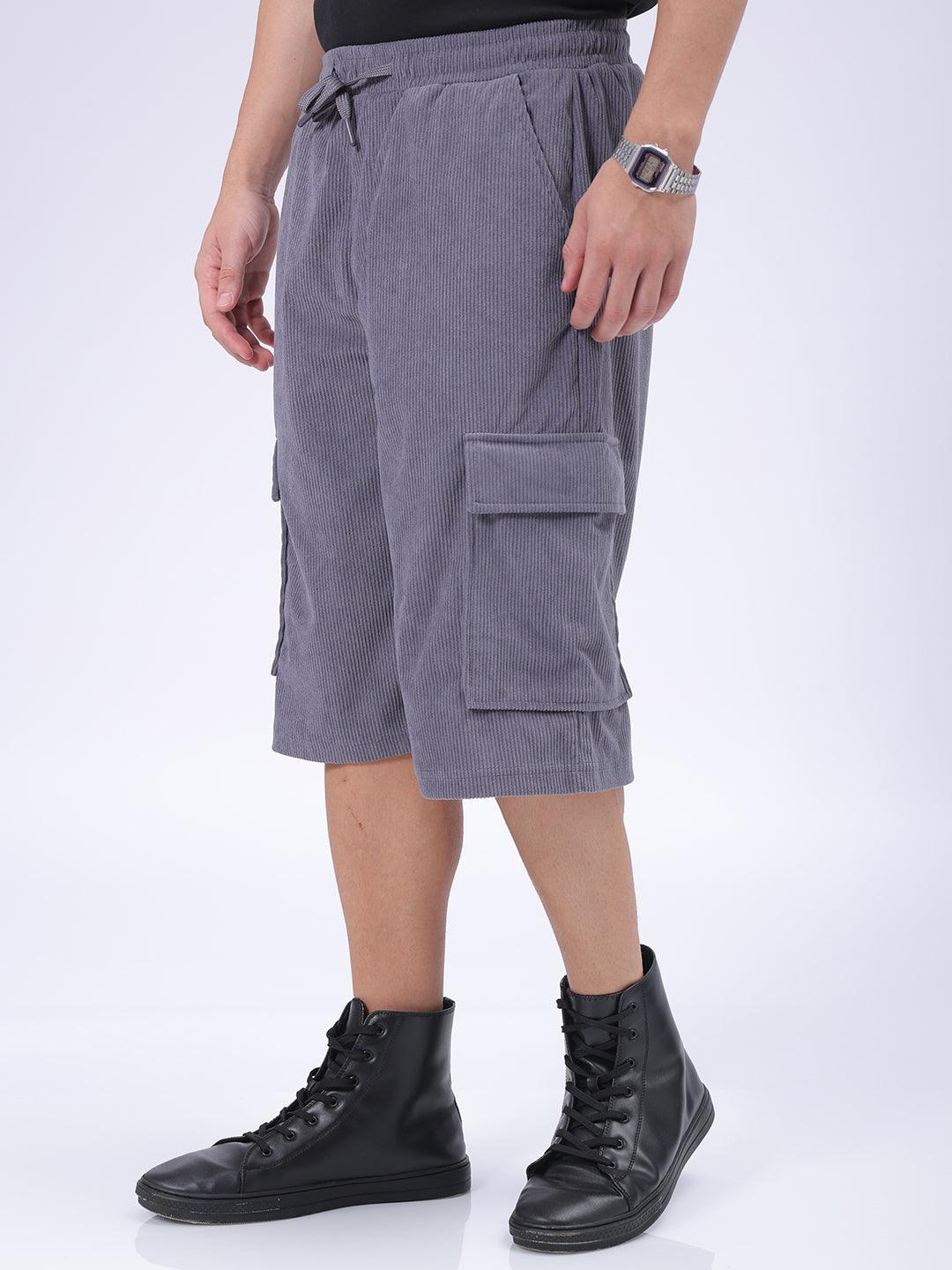 Men's Grey Loose Textured Utility Cargo Shorts