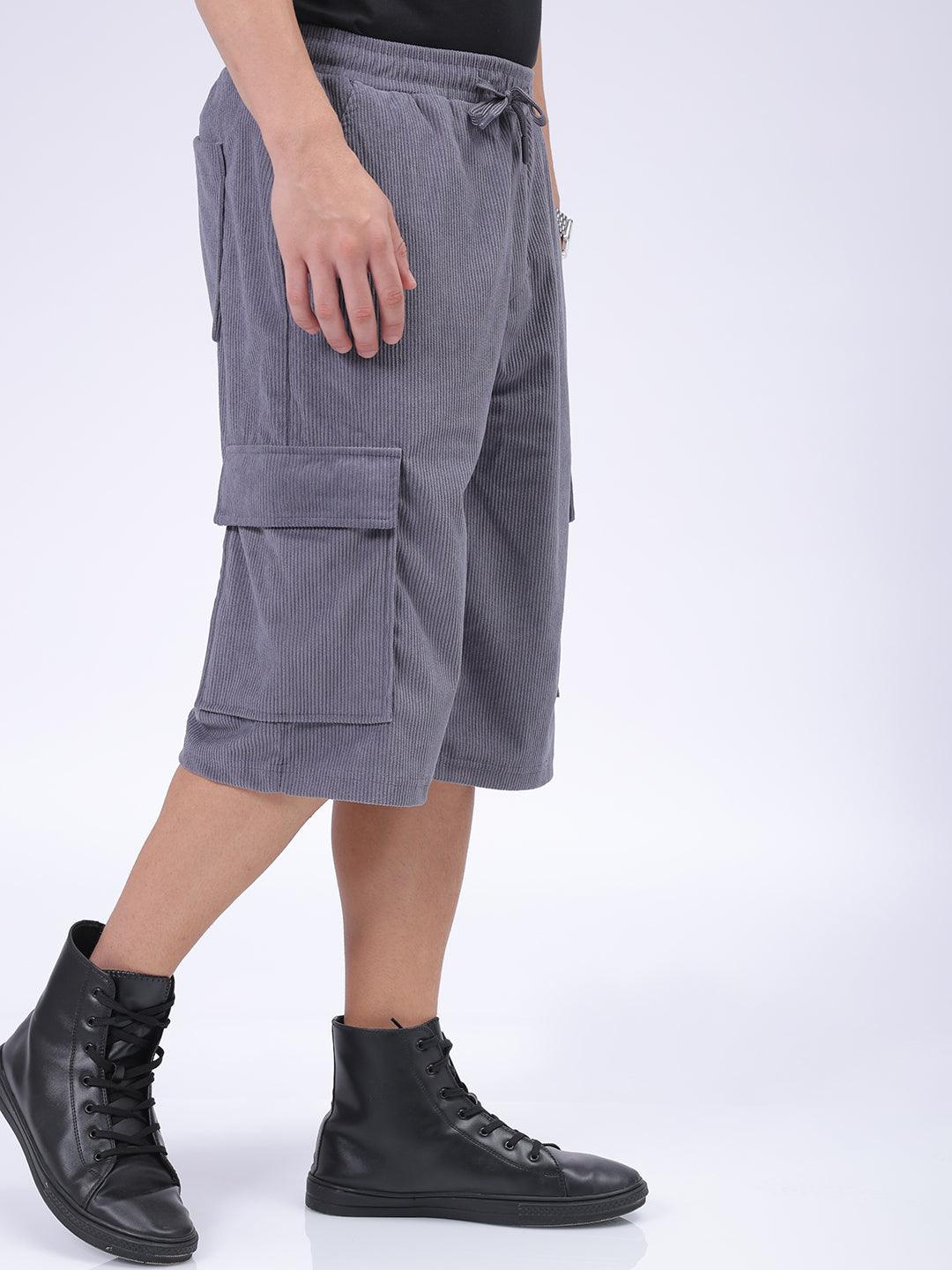 Men's Grey Loose Textured Utility Cargo Shorts