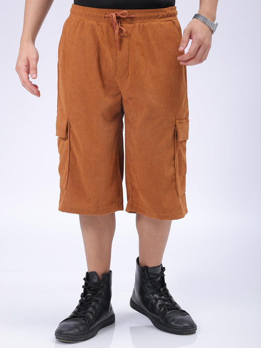 Men's Brown Loose Textured Utility Cargo Shorts