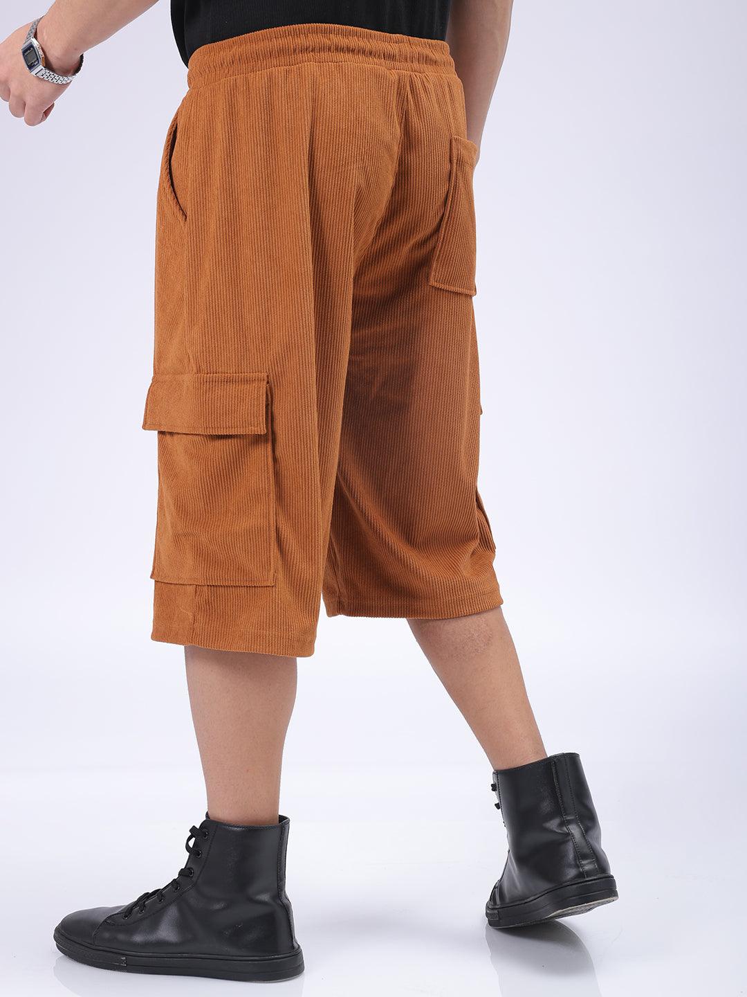 Men's Brown Loose Textured Utility Cargo Shorts