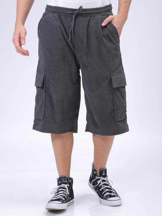 Men's Grey Loose Textured Utility Cargo Shorts