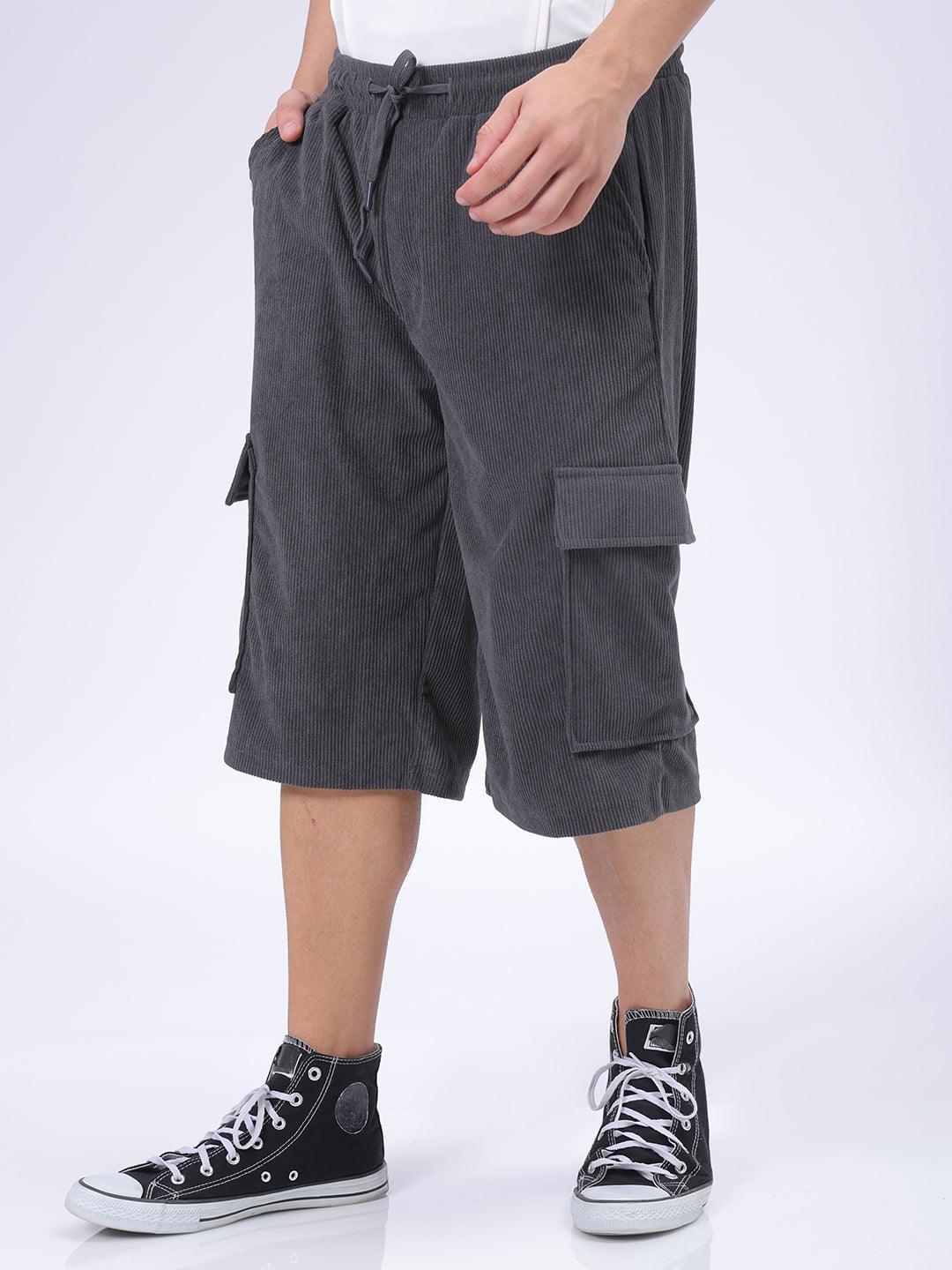 Men's Grey Loose Textured Utility Cargo Shorts