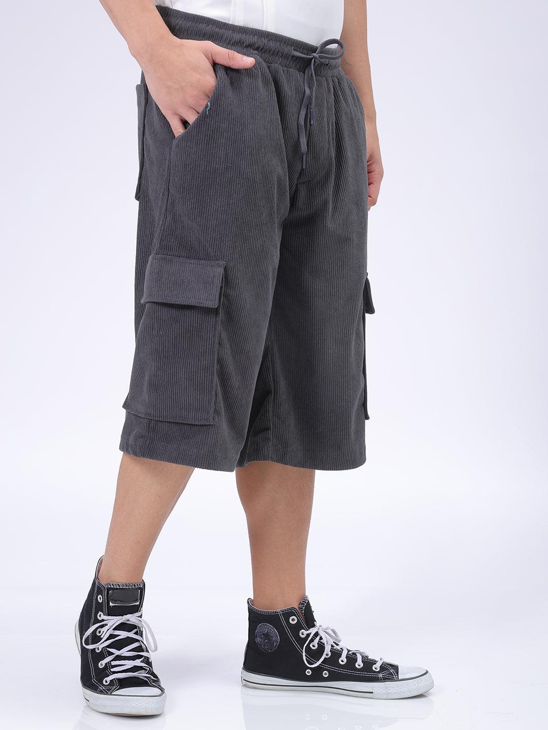 Men's Grey Loose Textured Utility Cargo Shorts