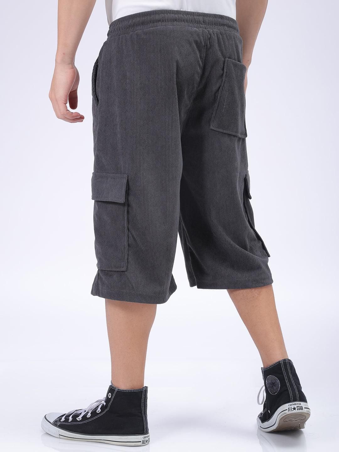 Men's Grey Loose Textured Utility Cargo Shorts