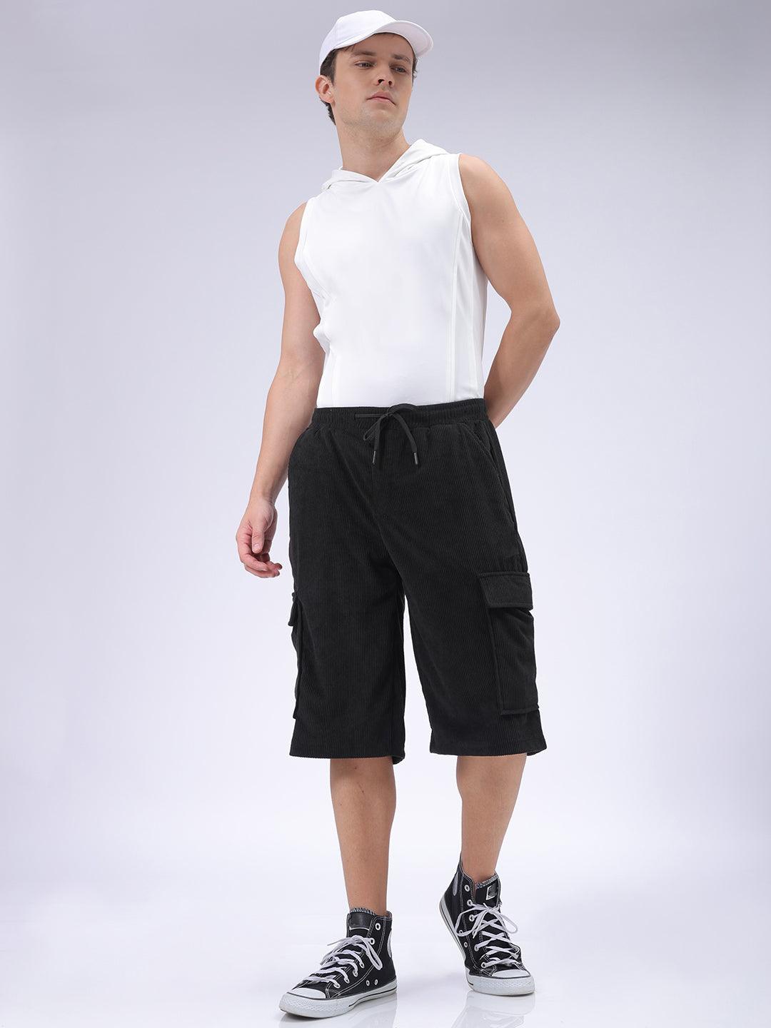 Men's Black Loose Textured Utility Cargo Shorts