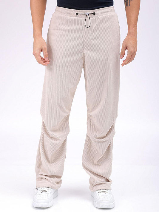 Men's White Baggy Tapered Fit Knitted Corduroy Jogger Trousers