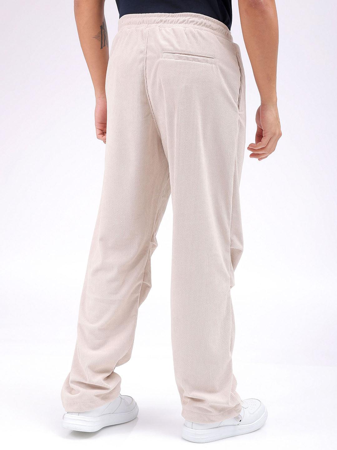 Men's White Baggy Tapered Fit Knitted Corduroy Jogger Trousers