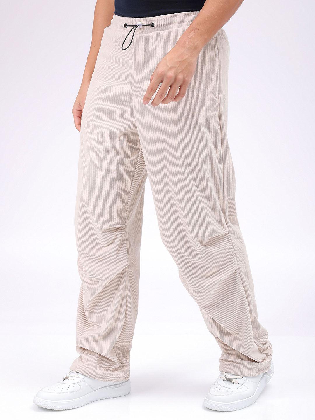 Men's White Baggy Tapered Fit Knitted Corduroy Jogger Trousers