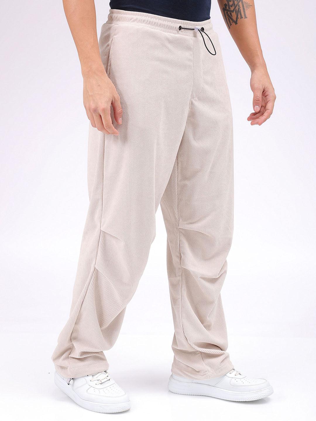 Men's White Baggy Tapered Fit Knitted Corduroy Jogger Trousers