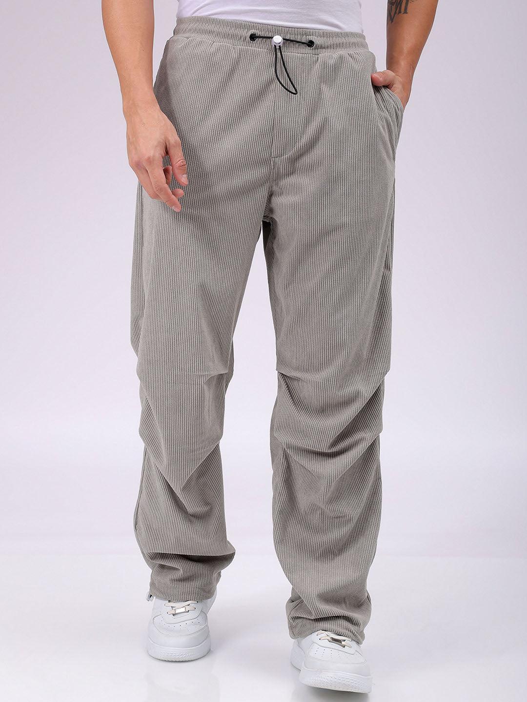 Men's Grey Baggy Tapered Fit Knitted Corduroy Jogger Trousers