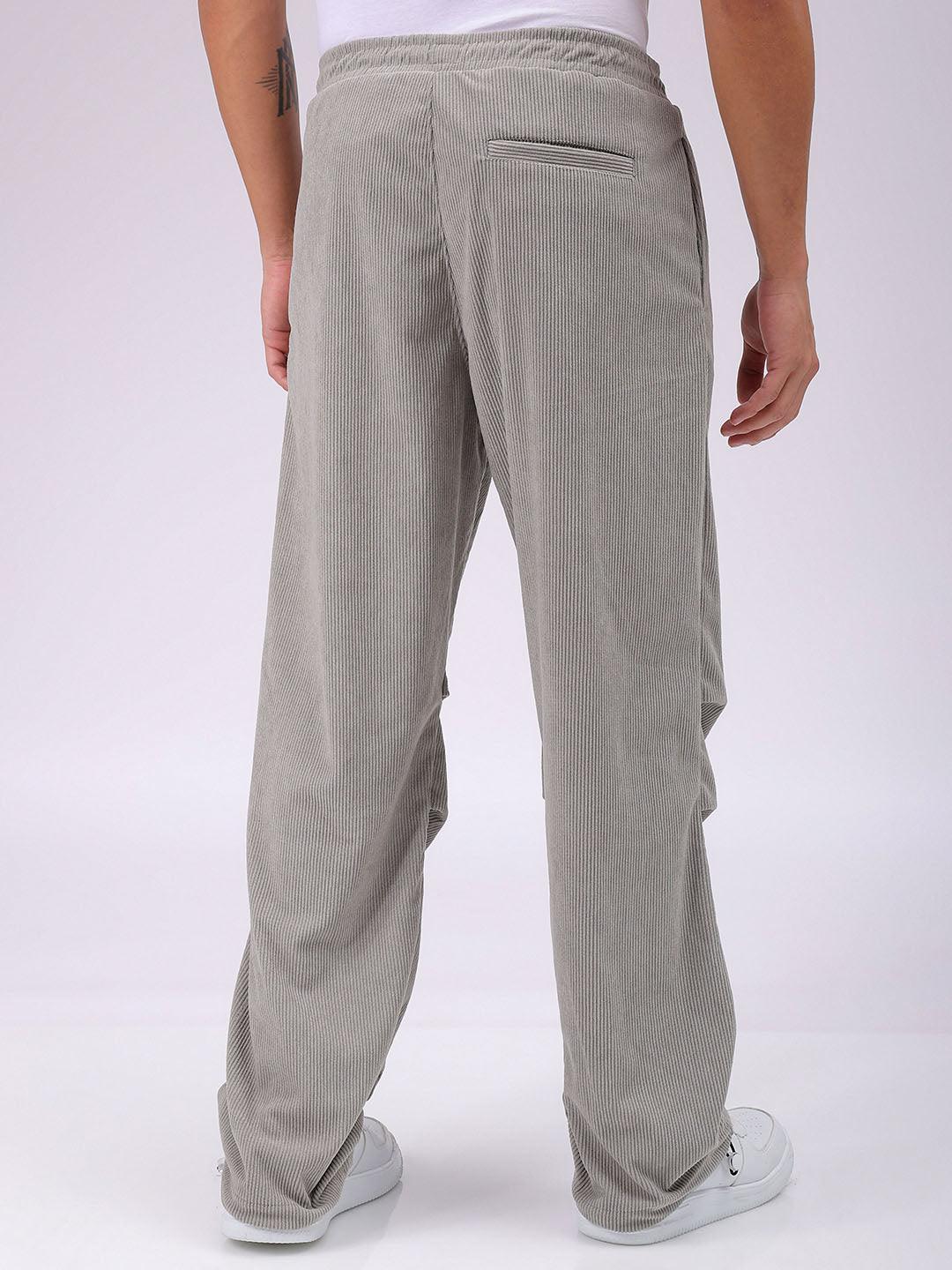 Men's Grey Baggy Tapered Fit Knitted Corduroy Jogger Trousers