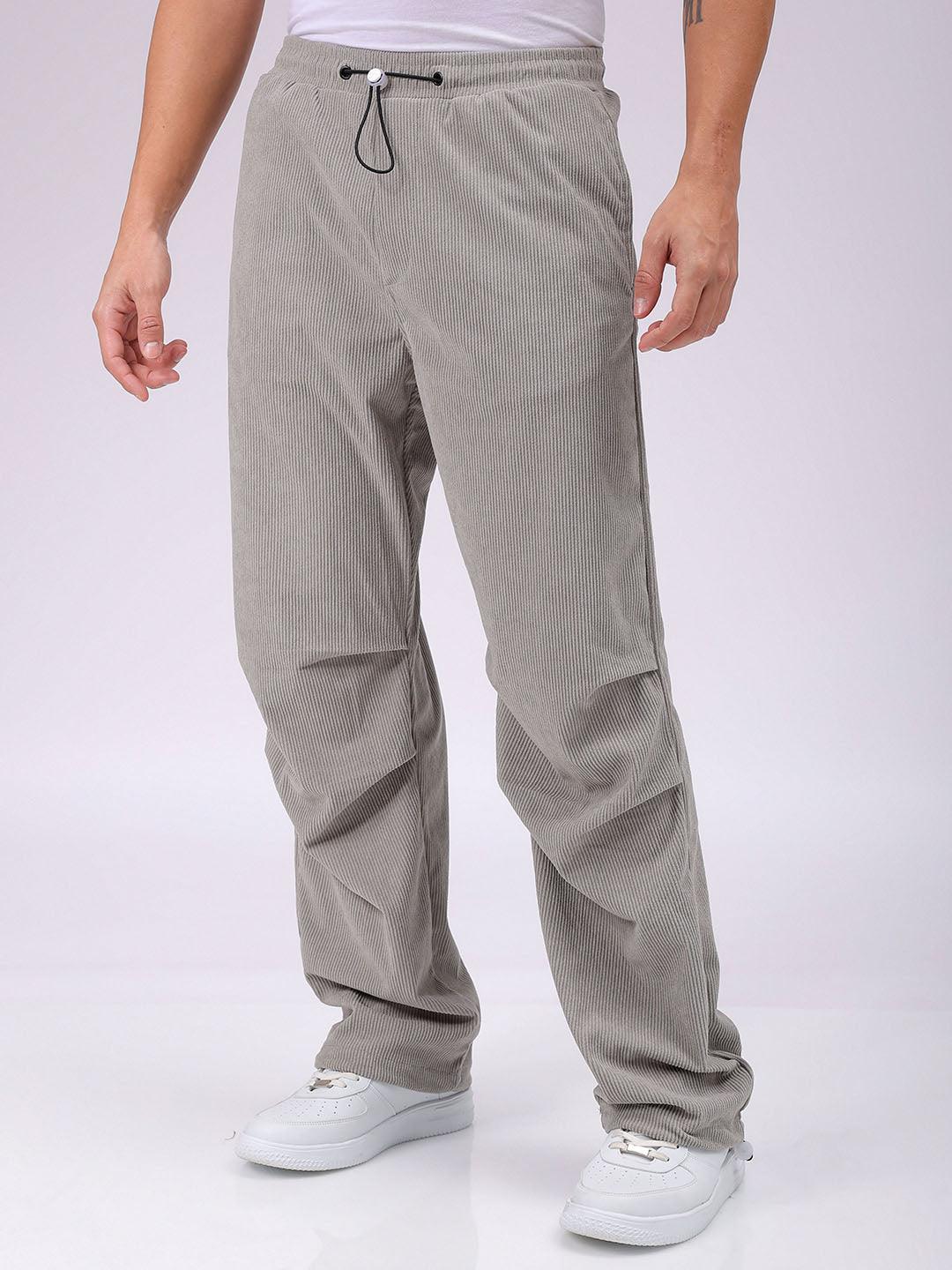 Men's Grey Baggy Tapered Fit Knitted Corduroy Jogger Trousers