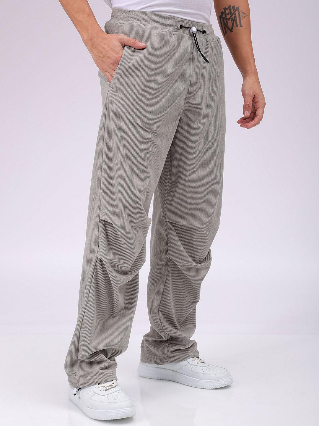 Men's Grey Baggy Tapered Fit Knitted Corduroy Jogger Trousers