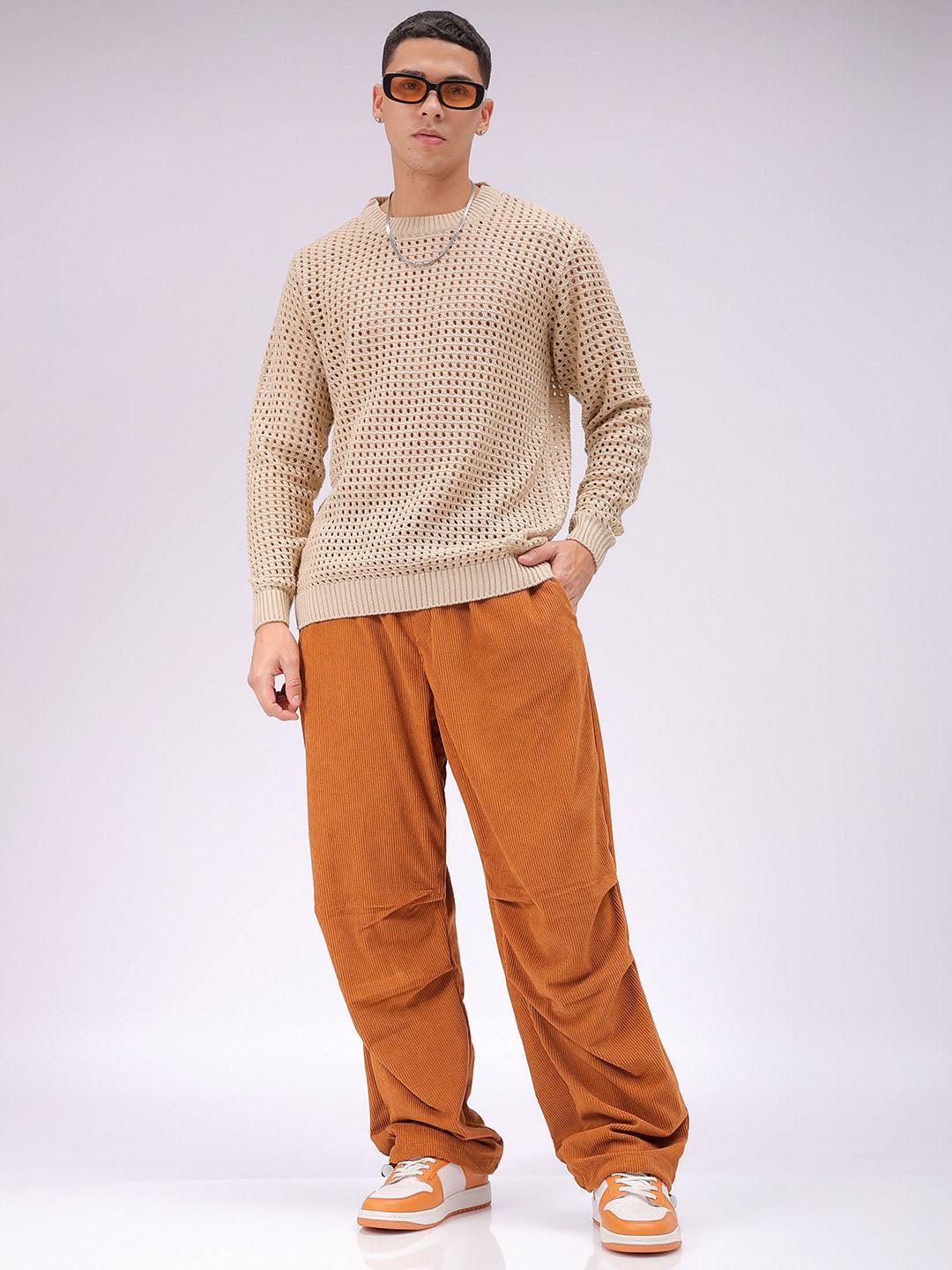 Men's Brown Baggy Tapered Fit Knitted Corduroy Jogger Trousers