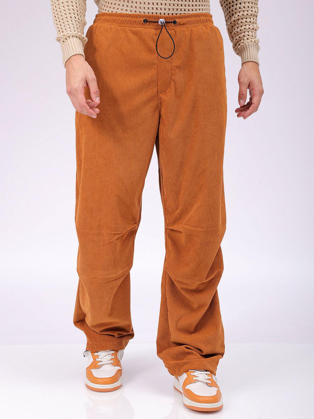 Men's Brown Baggy Tapered Fit Knitted Corduroy Jogger Trousers