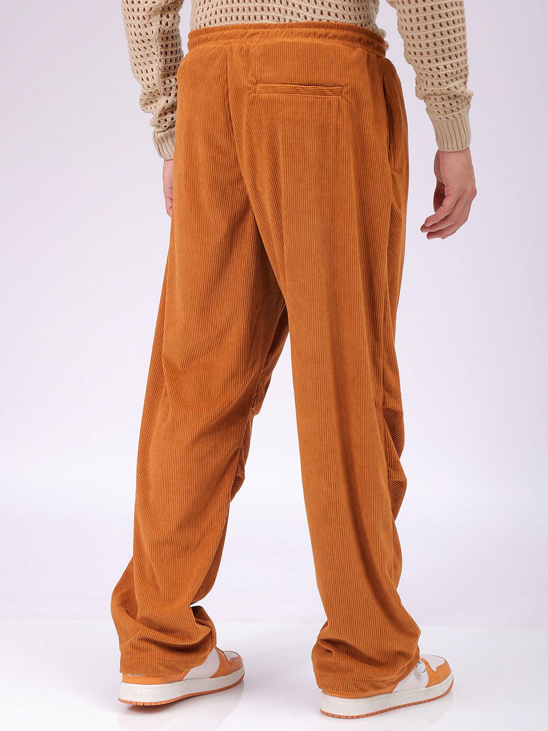 Men's Brown Baggy Tapered Fit Knitted Corduroy Jogger Trousers