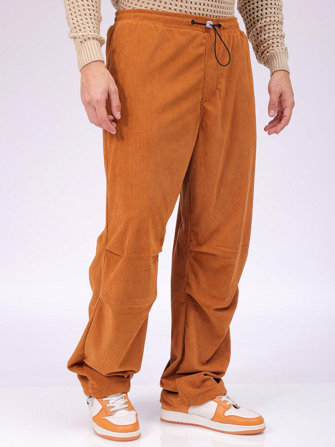 Men's Brown Baggy Tapered Fit Knitted Corduroy Jogger Trousers