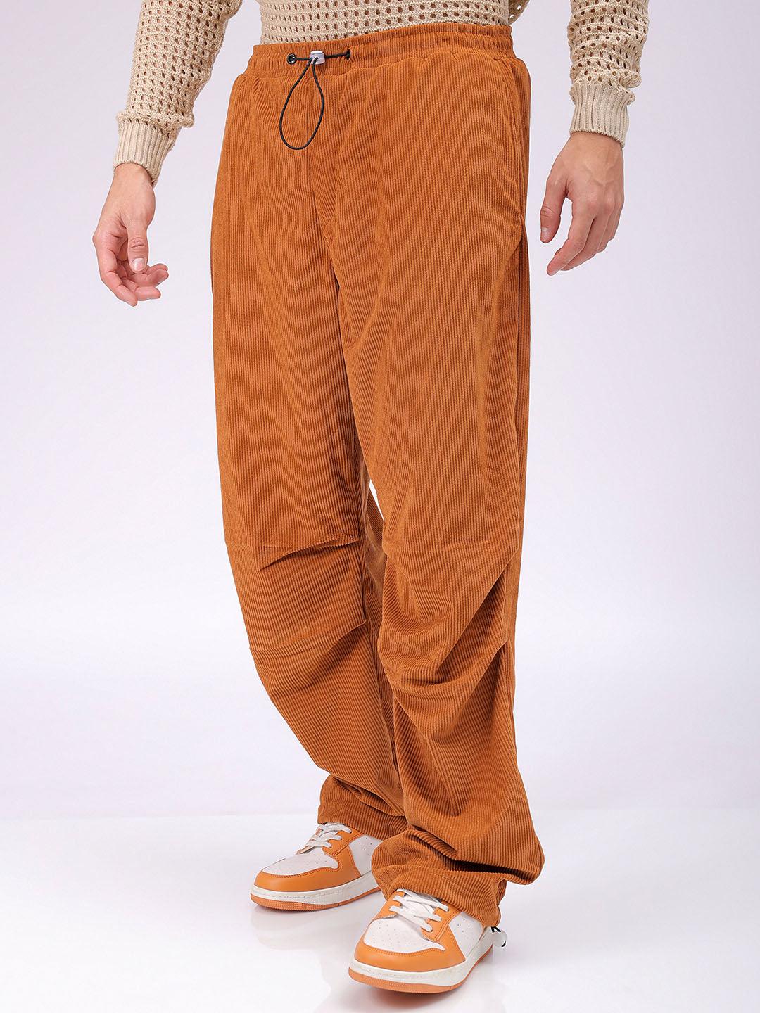 Men's Brown Baggy Tapered Fit Knitted Corduroy Jogger Trousers