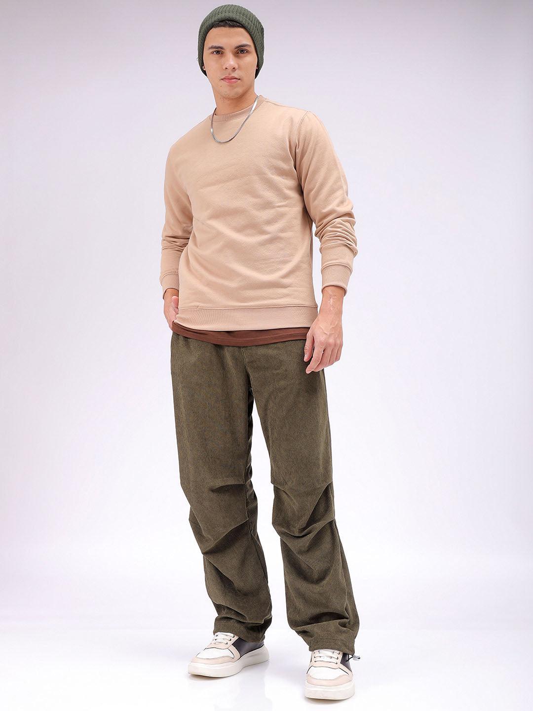 Men's Olive Baggy Tapered Fit Knitted Corduroy Jogger Trousers