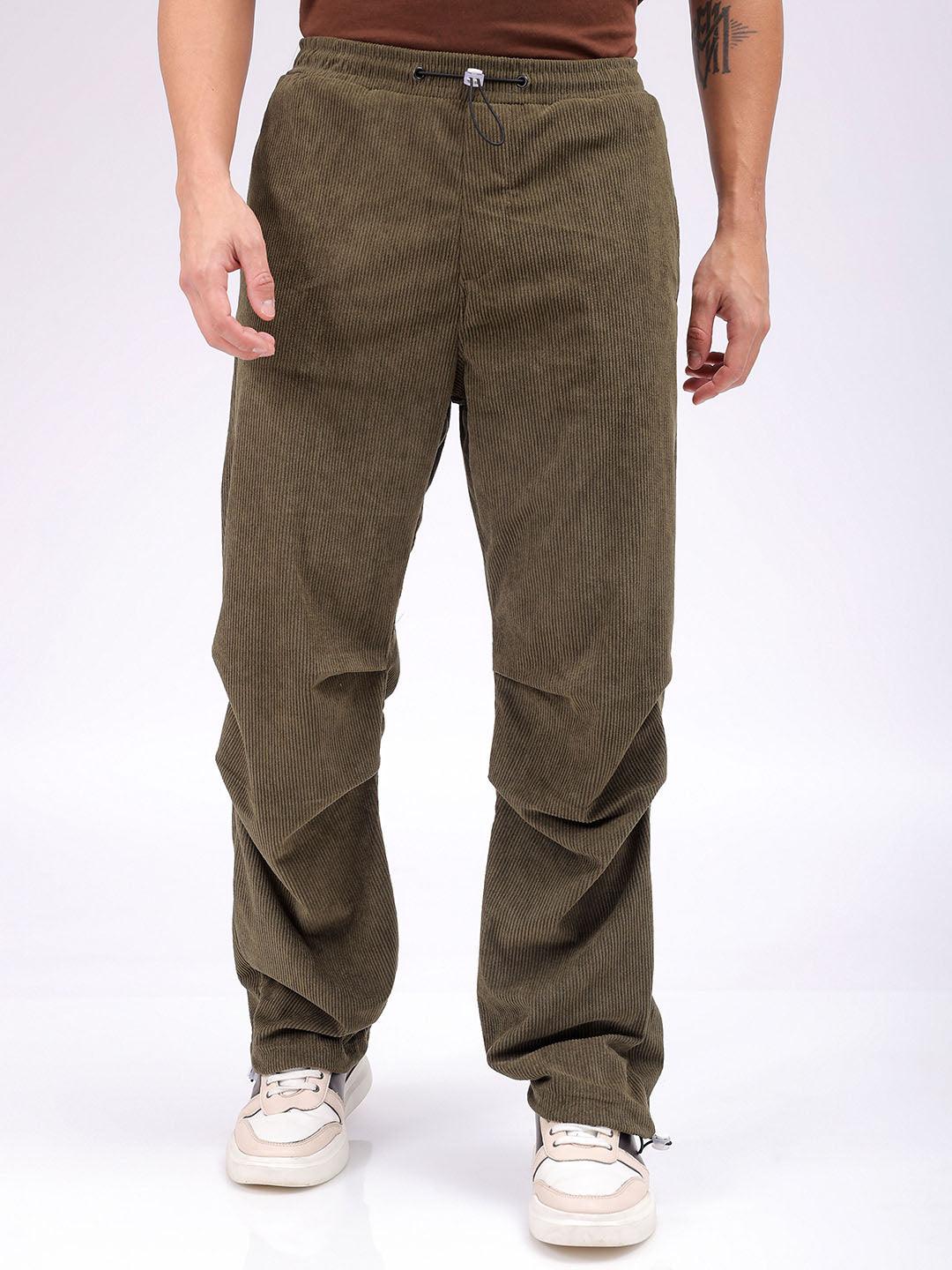 Men's Olive Baggy Tapered Fit Knitted Corduroy Jogger Trousers