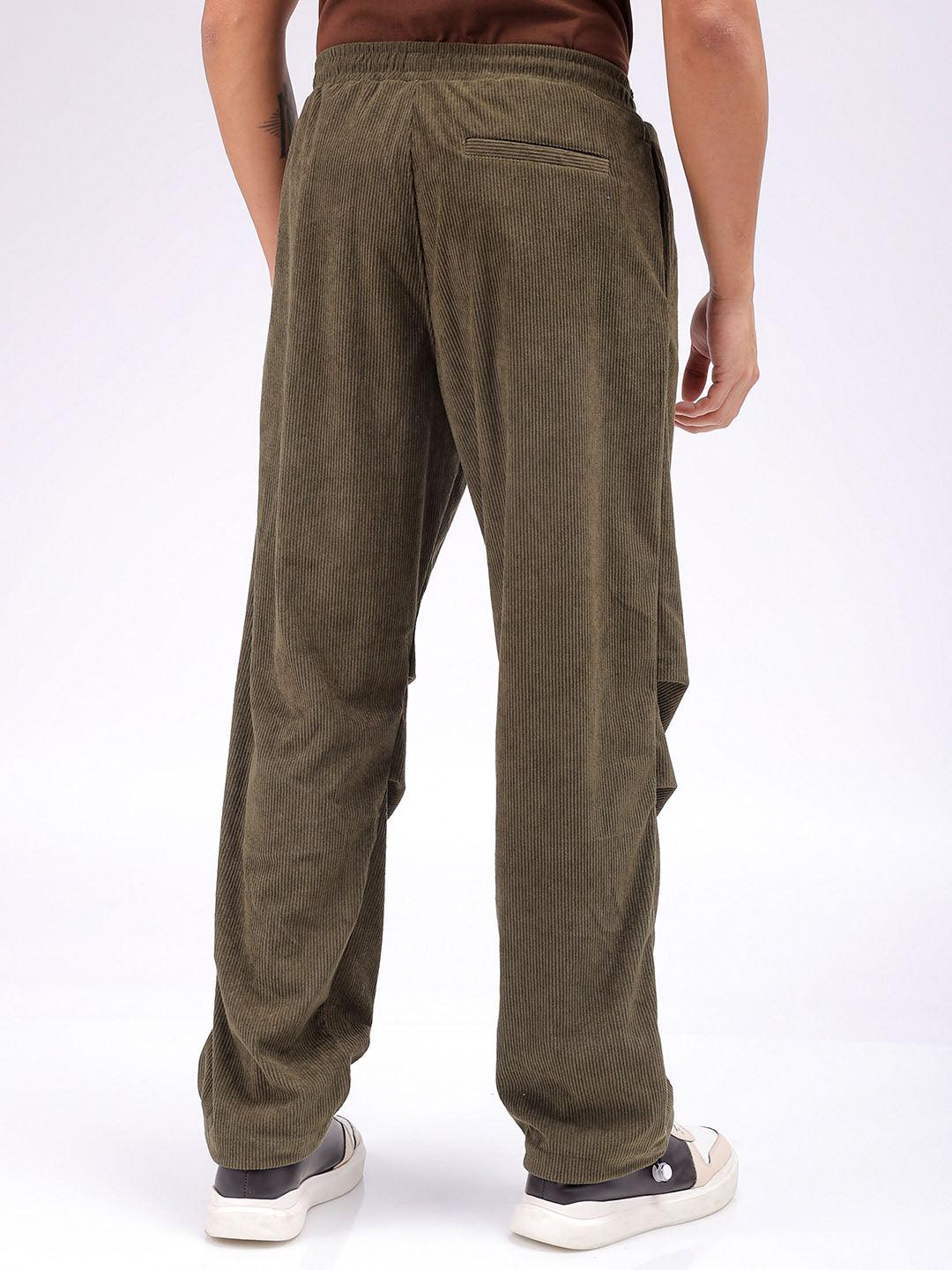 Men's Olive Baggy Tapered Fit Knitted Corduroy Jogger Trousers