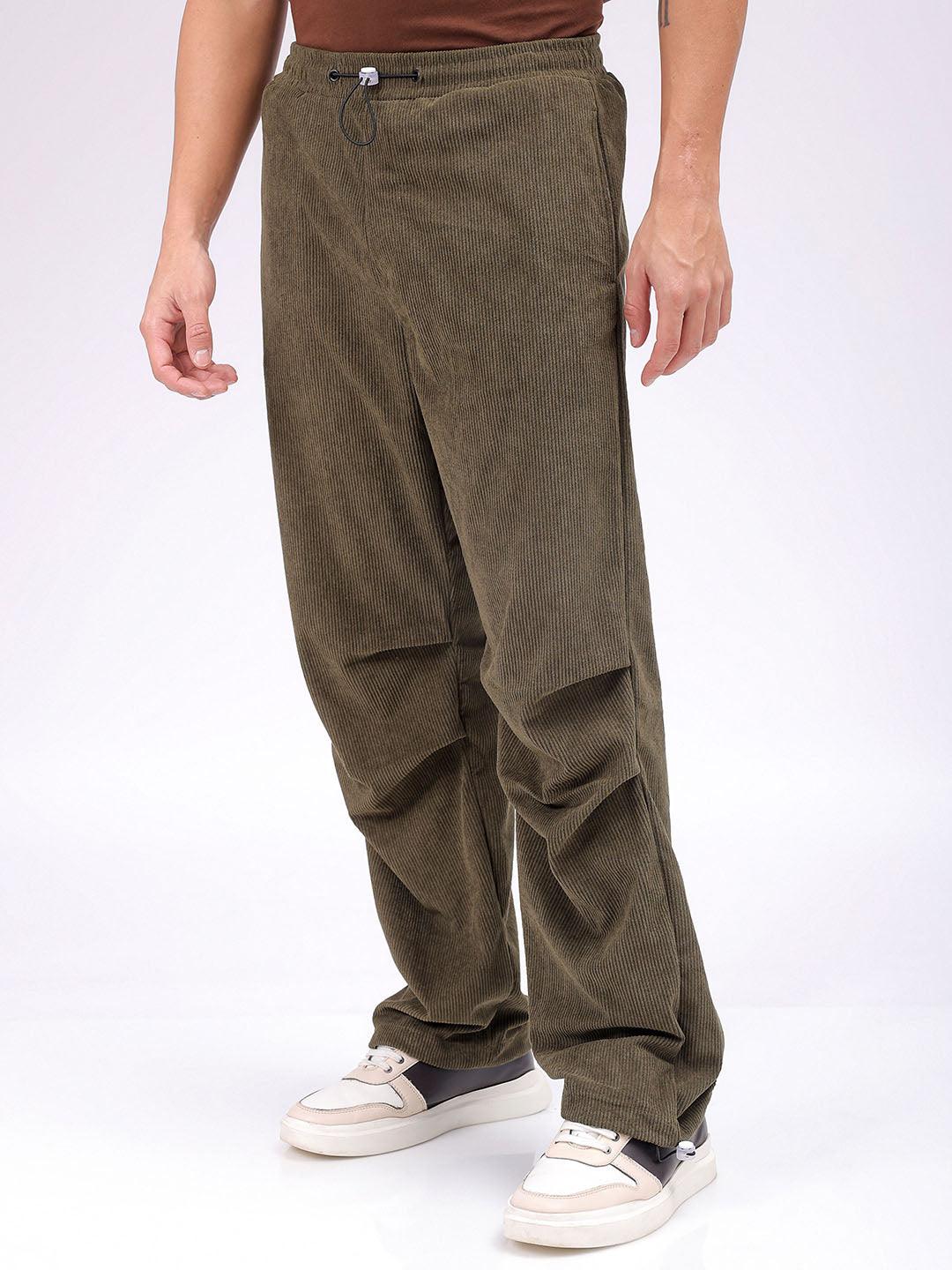 Men's Olive Baggy Tapered Fit Knitted Corduroy Jogger Trousers