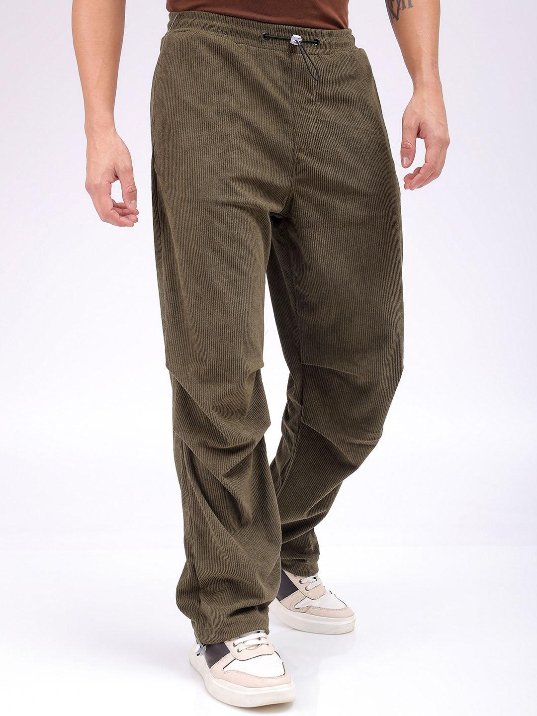 Men's Olive Baggy Tapered Fit Knitted Corduroy Jogger Trousers