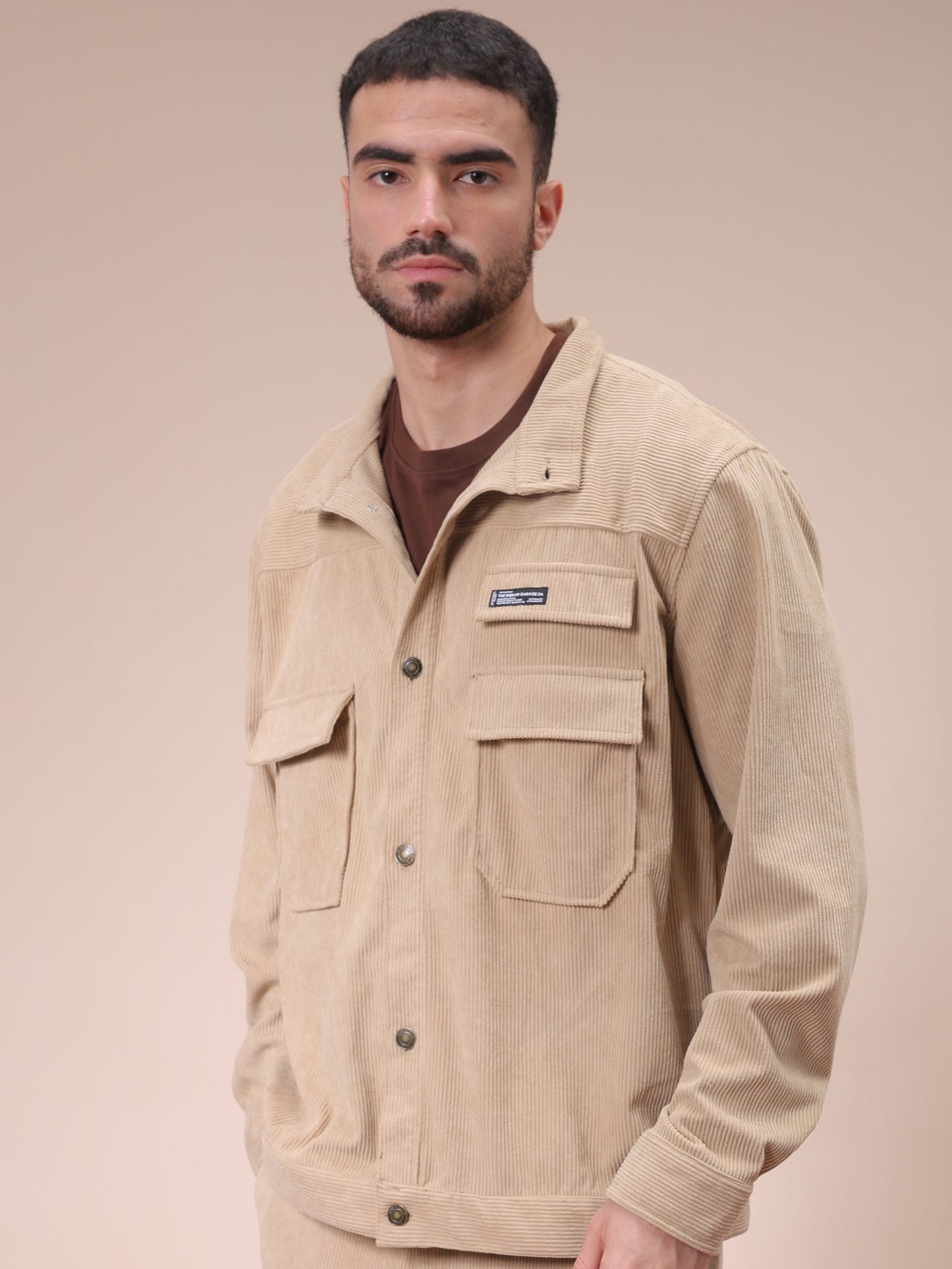 Men's Khaki Relaxed Fit Knitted Corduroy Utility Jacket