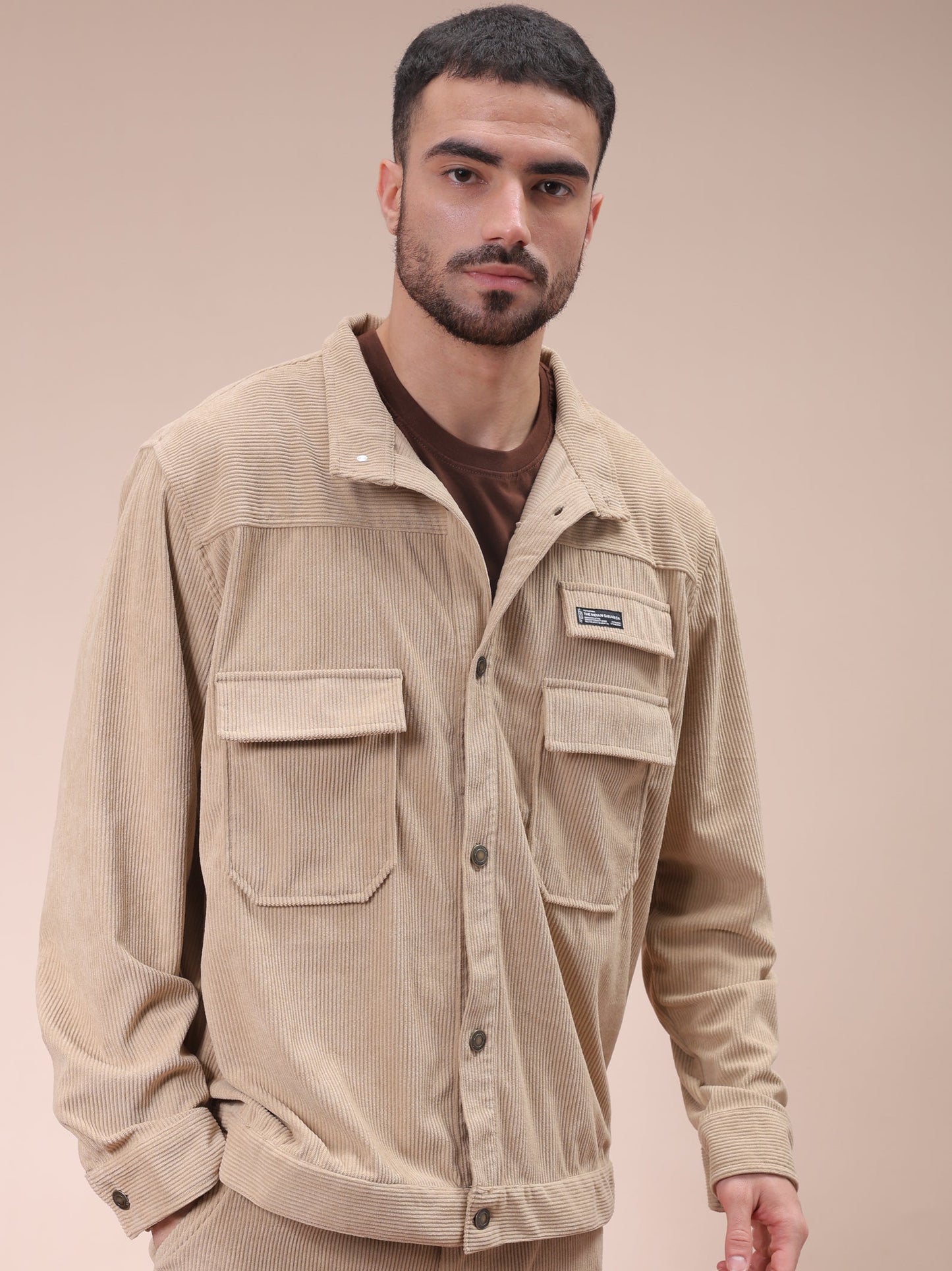 Men's Khaki Relaxed Fit Knitted Corduroy Utility Jacket