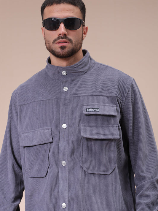 Men's Grey Relaxed Fit Knitted Corduroy Utility Jacket