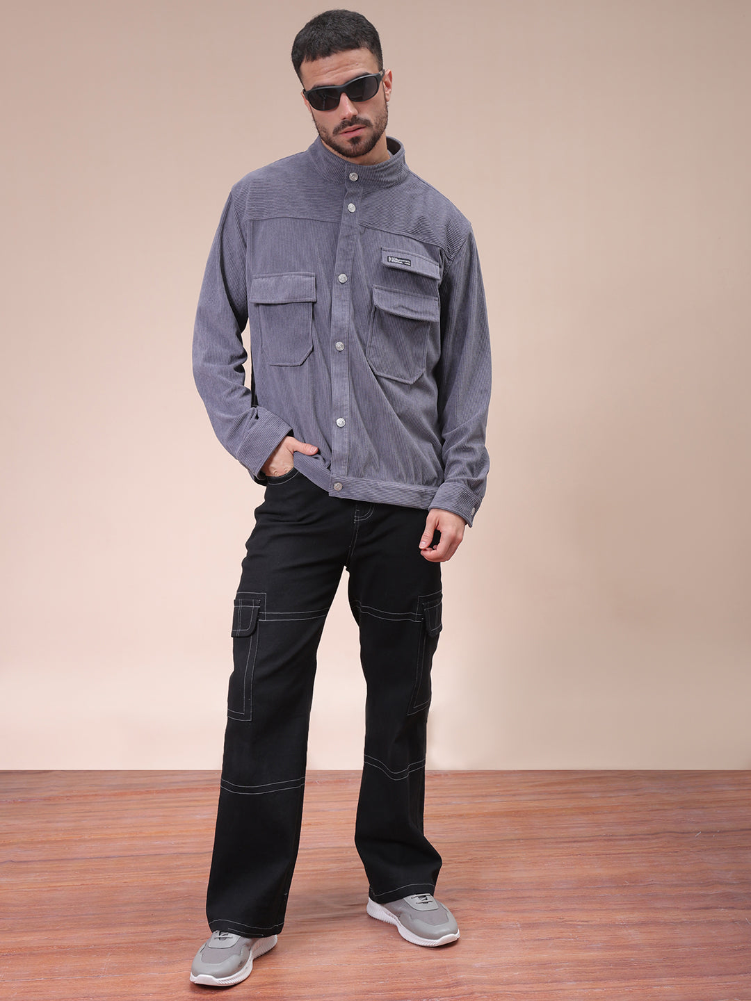 Men's Grey Relaxed Fit Knitted Corduroy Utility Jacket