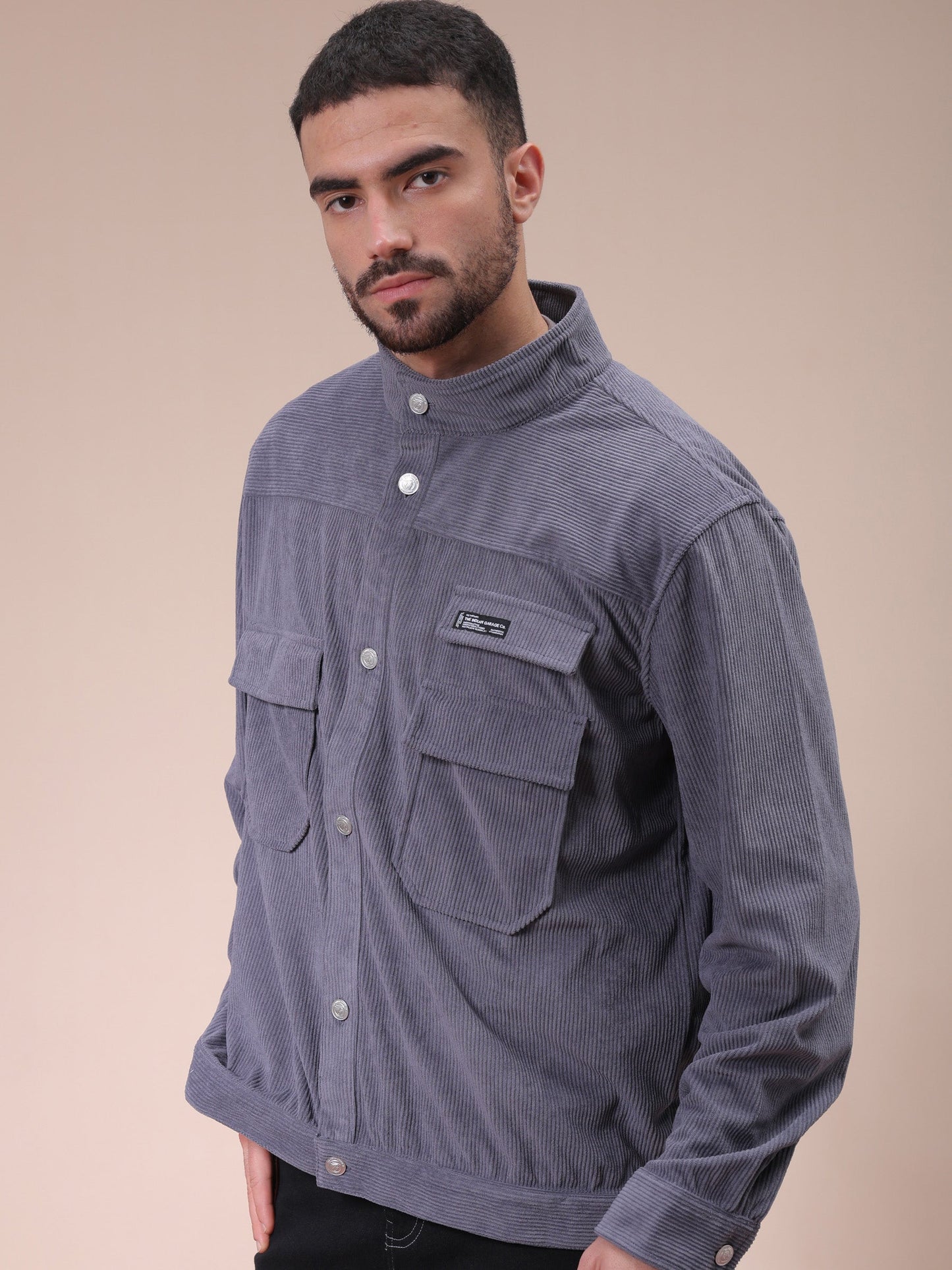 Men's Grey Relaxed Fit Knitted Corduroy Utility Jacket