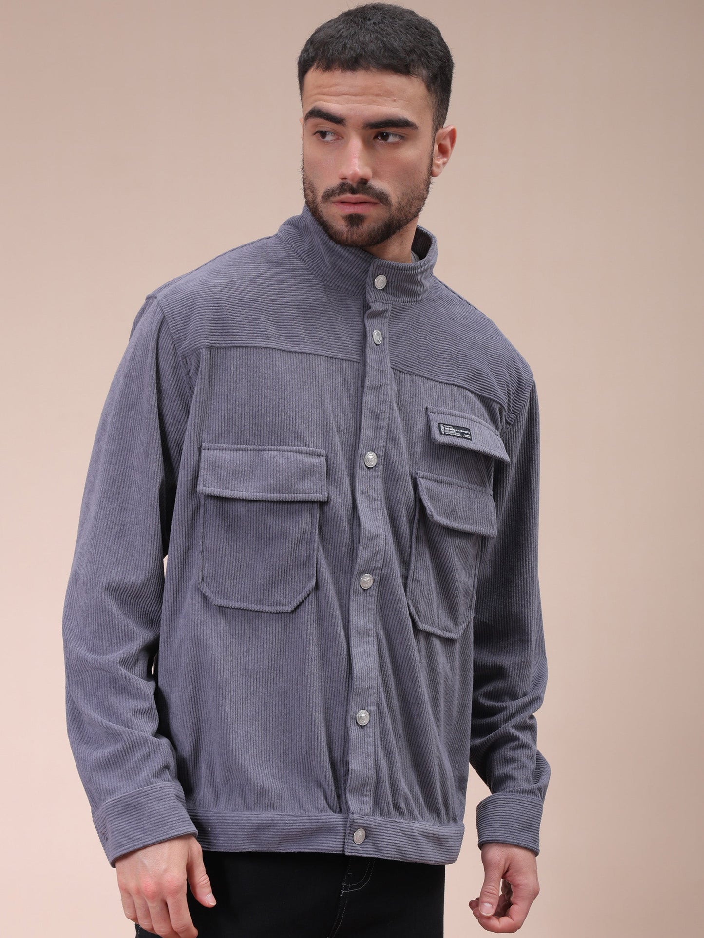 Men's Grey Relaxed Fit Knitted Corduroy Utility Jacket