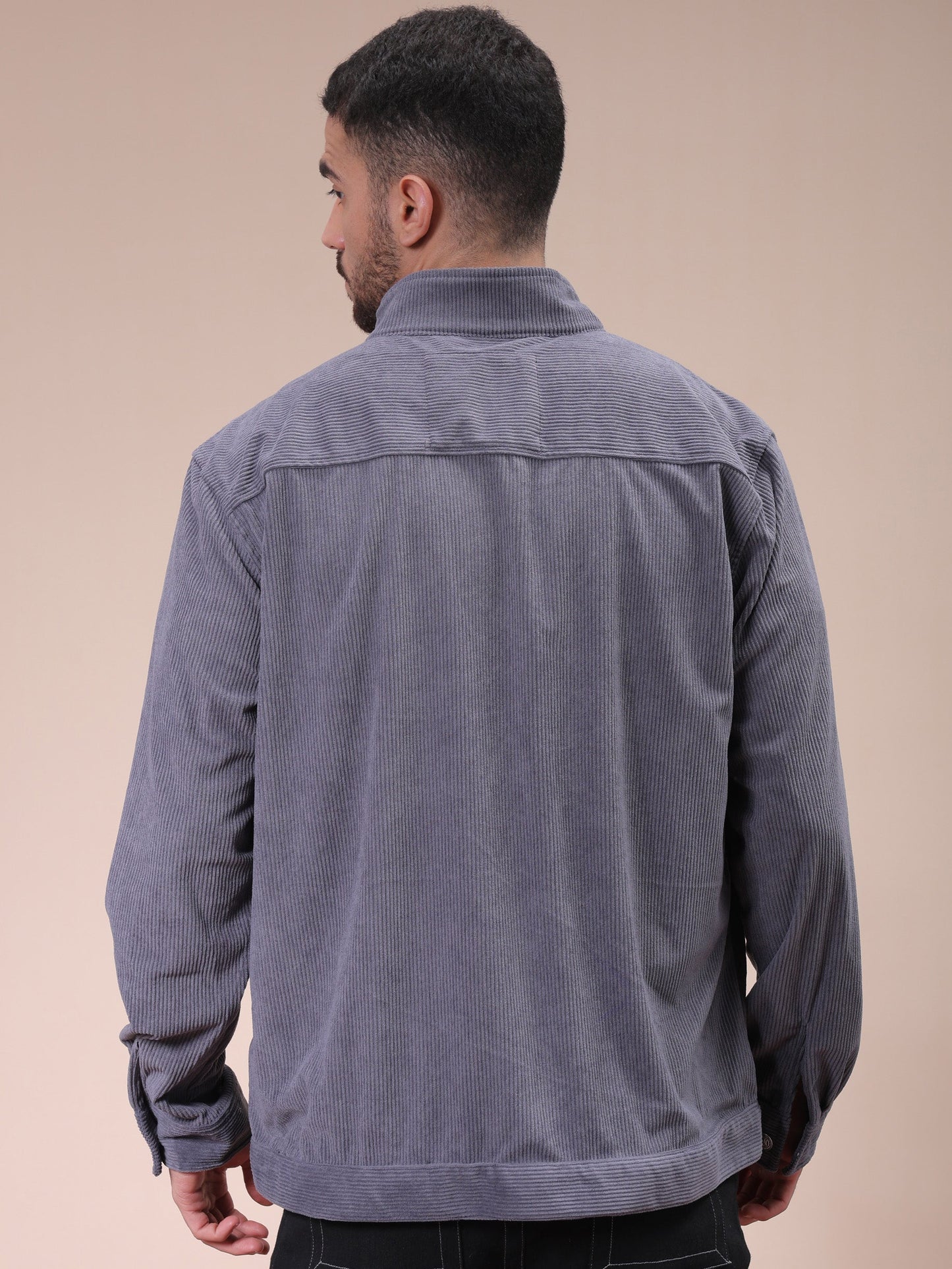 Men's Grey Relaxed Fit Knitted Corduroy Utility Jacket