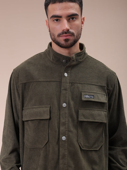 Men's Olive Relaxed Fit Knitted Corduroy Utility Jacket