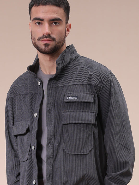 Men's Grey Relaxed Fit Knitted Corduroy Utility Jacket