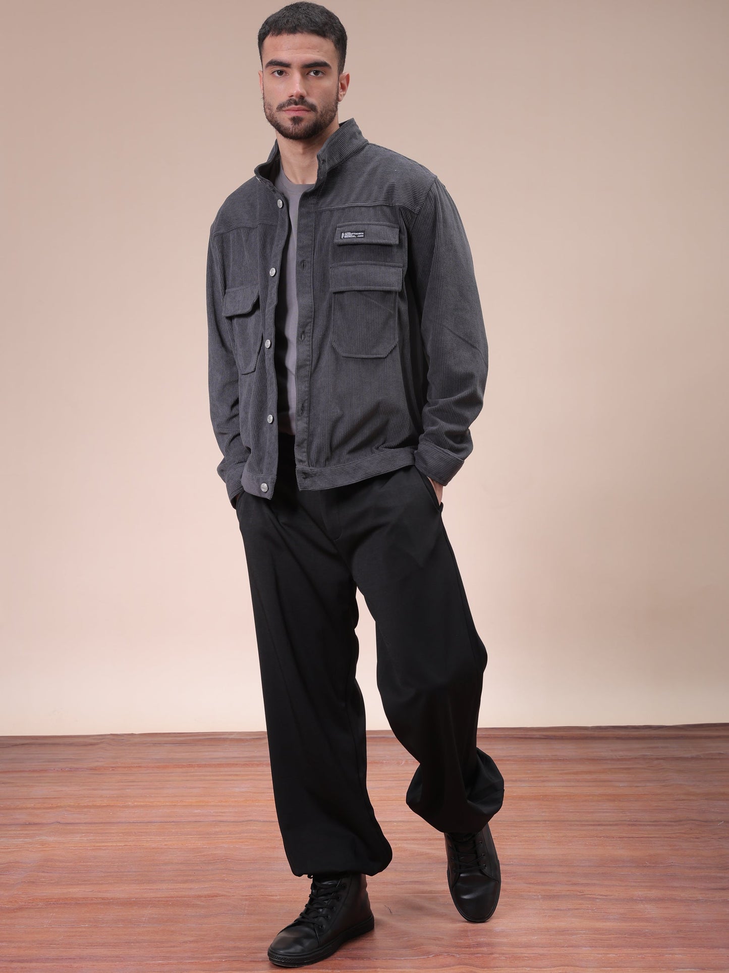 Men's Grey Relaxed Fit Knitted Corduroy Utility Jacket