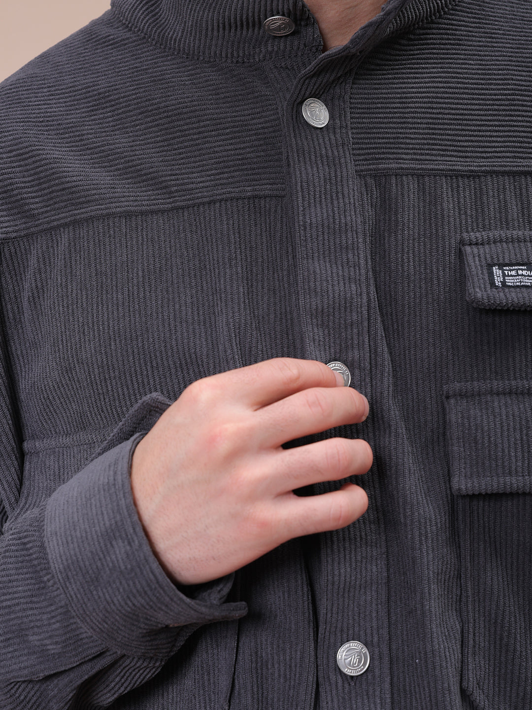 Men's Grey Relaxed Fit Knitted Corduroy Utility Jacket