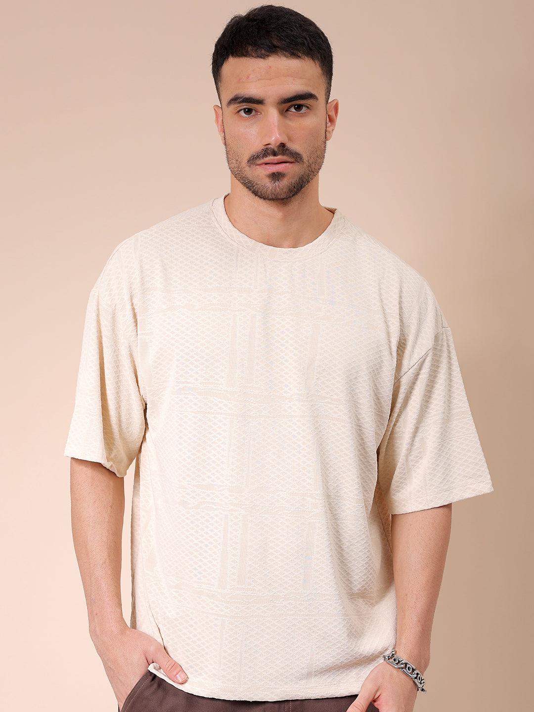 Men's Cream Oversized Self Design T-Shirt