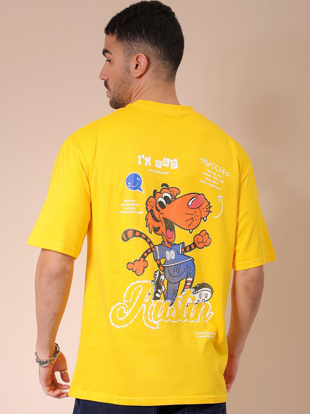 Men's Yellow Oversized Graphic Back Printed T-Shirt