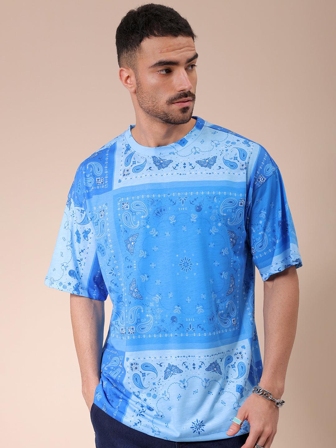 Men's Blue Oversized Paisley Printed T-Shirt