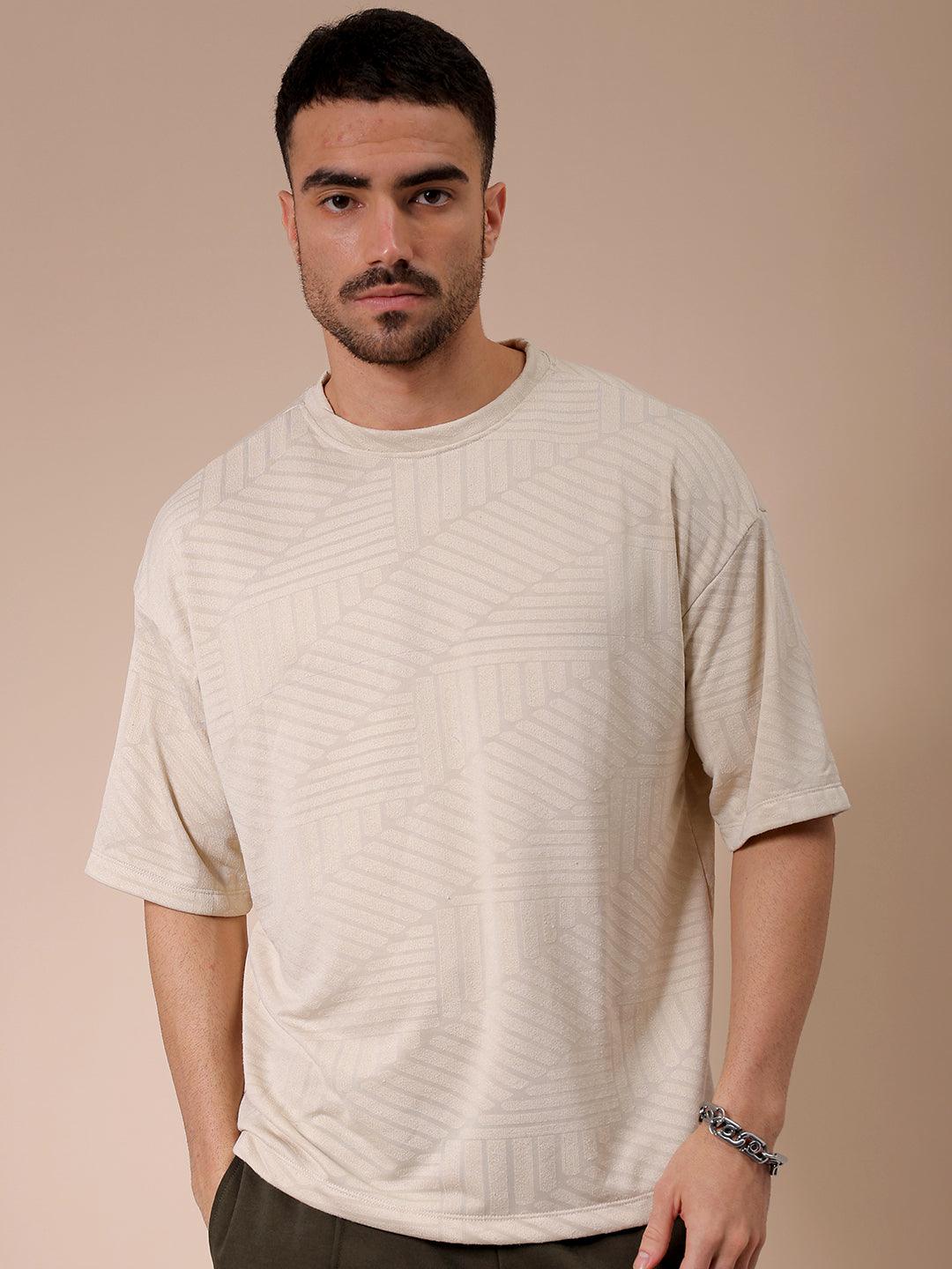 Men's Cream Oversized Self Design T-Shirt