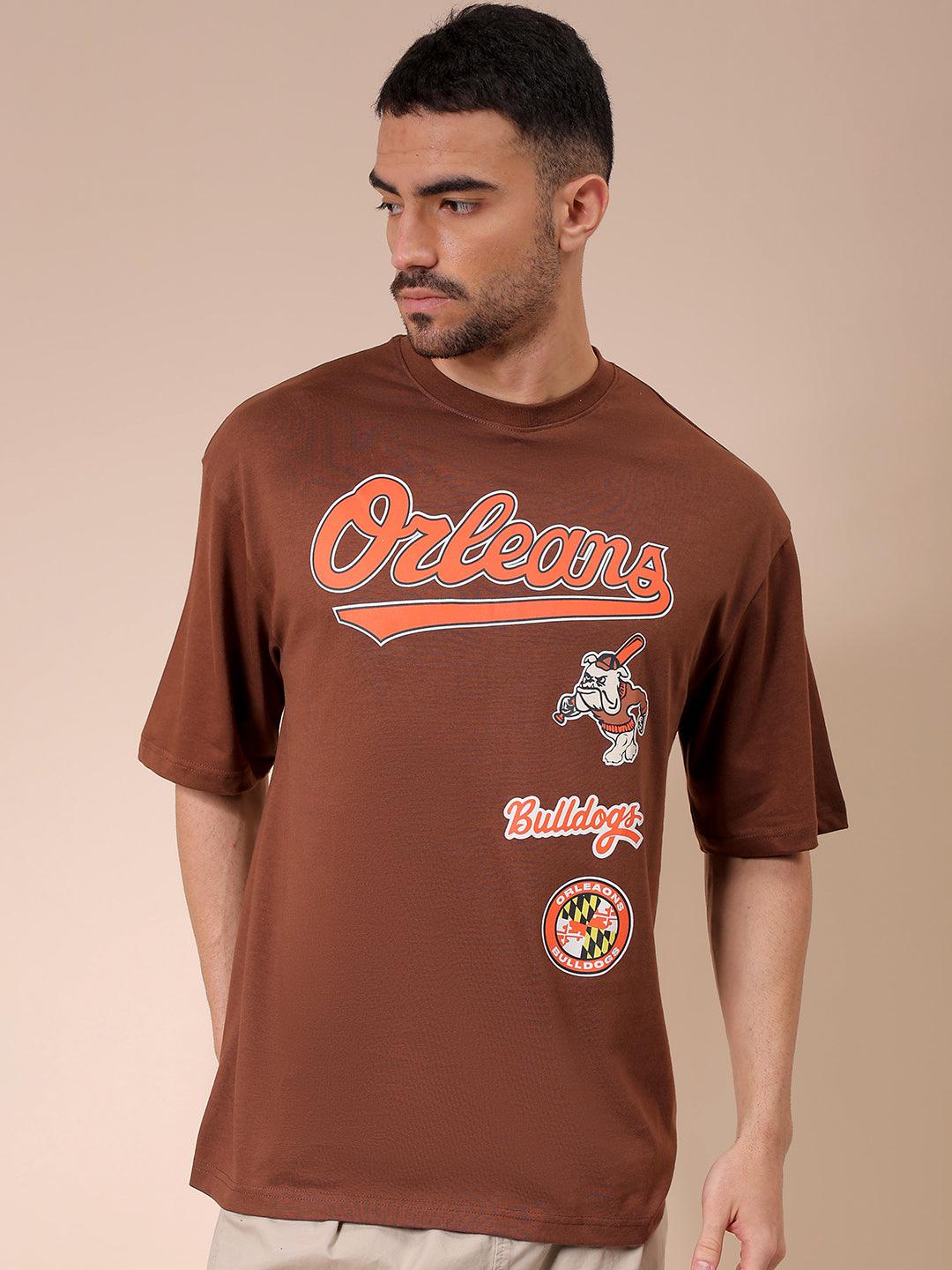 Men's Brown Oversized Placement Printed T-Shirt