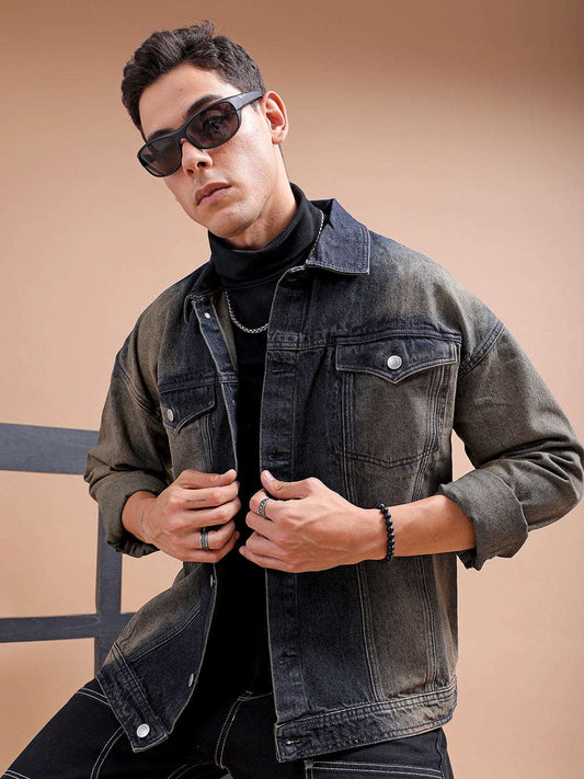 Men's Solid Relaxed Fit Denim Trucker Jacket