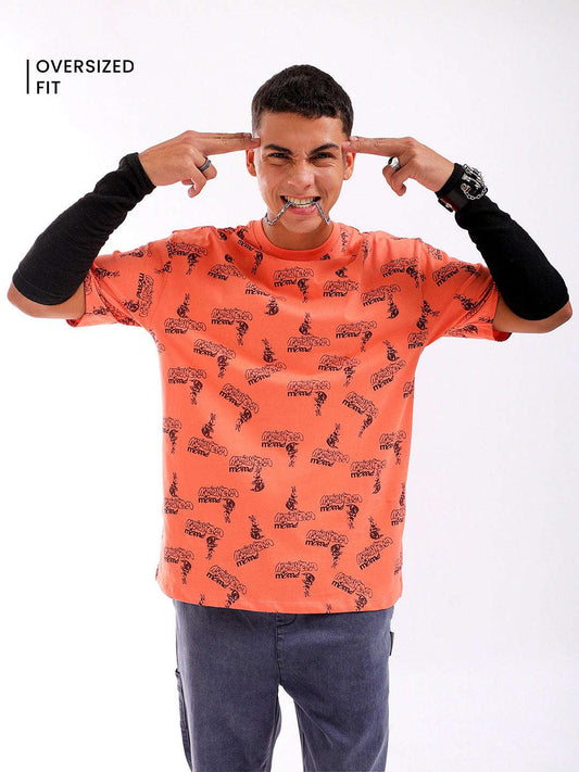 Men's Orange Oversized Fit Printed T-Shirt